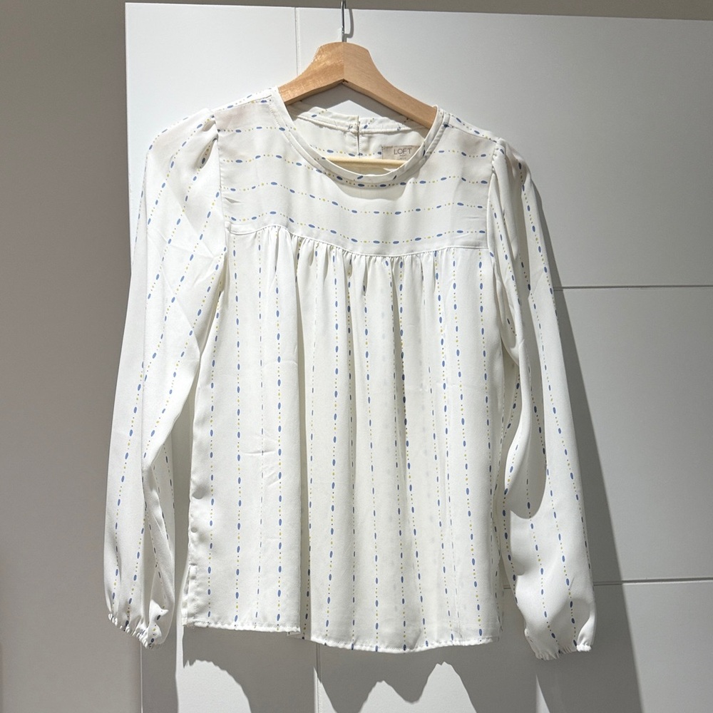 LOFT White Blouse with Blue Stripes